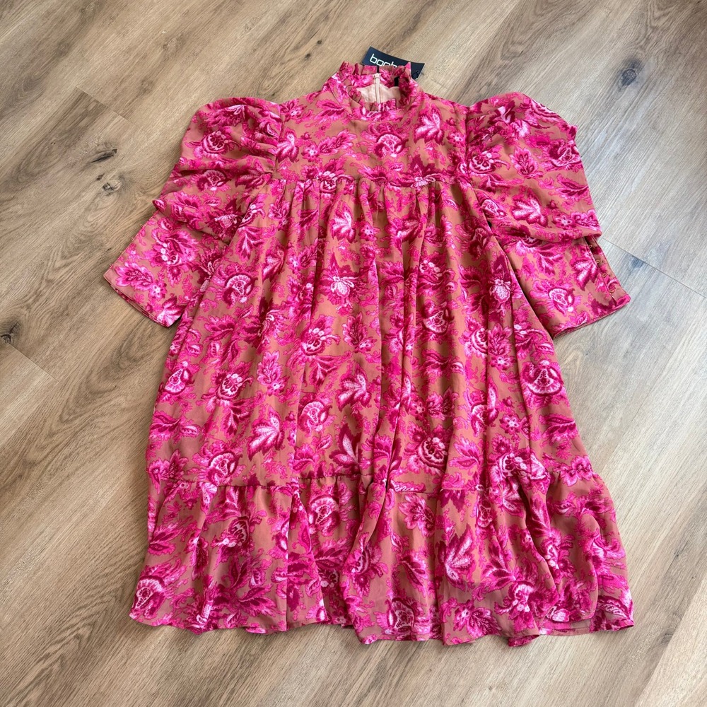NWT‎ BOOHOO Printed Puff Sleeve Ruffle Neck Smock Dress Pink Floral US Size 8